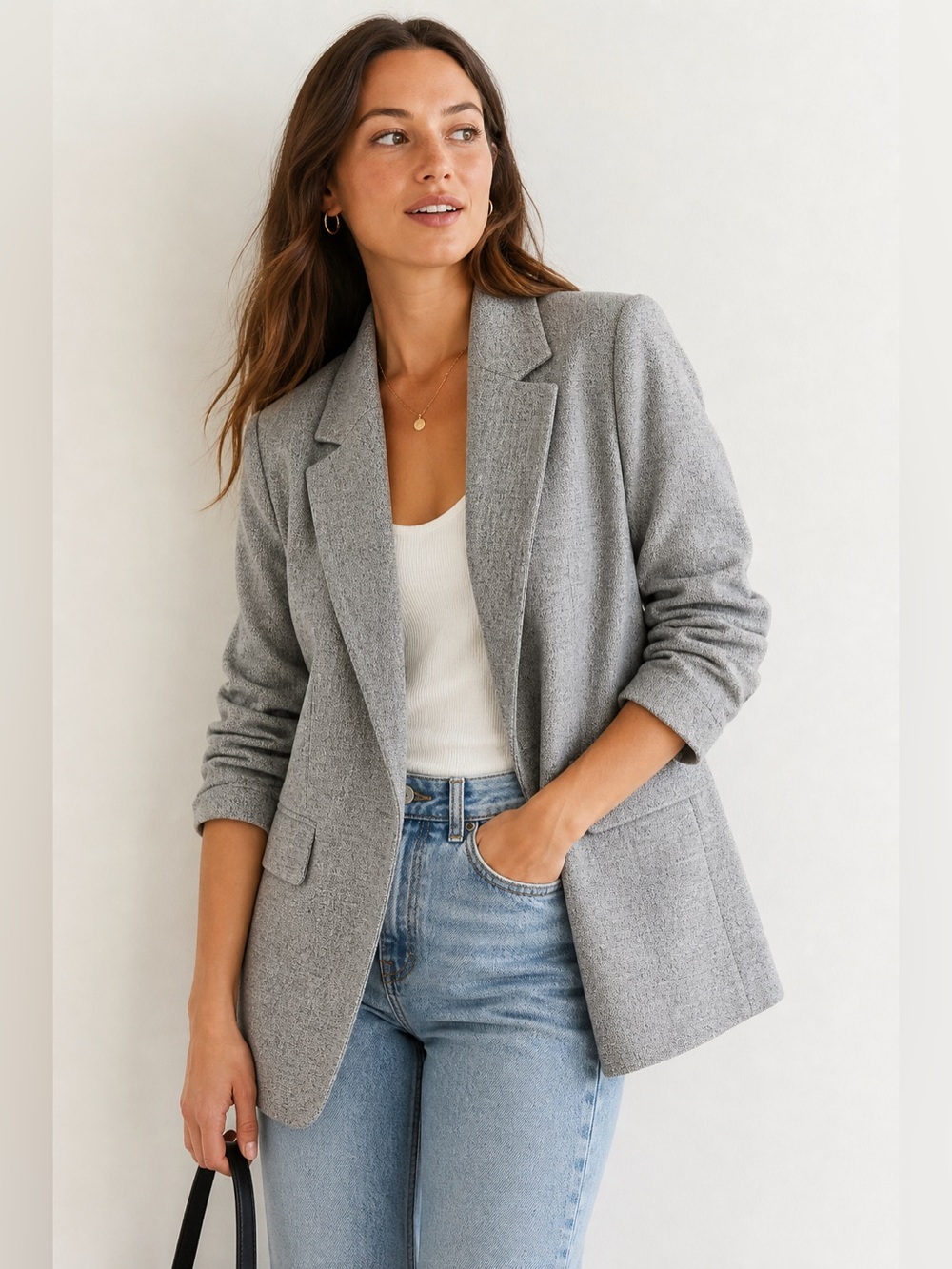H&M Open Front Grey Blazer – Minimalist Tailored Jacket Gathered Sleeves